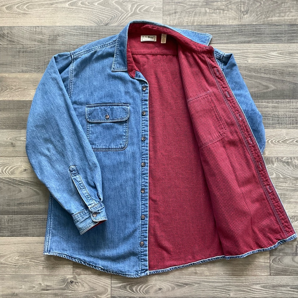 VTG LL Bean Flannel Lined Denim Shirt Shacket Men’s LARGE Blue MADE IN USA